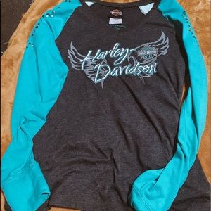 Harley turquoise baseball tee
